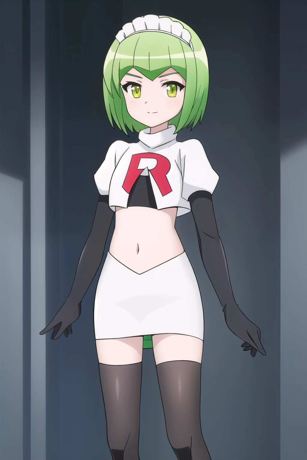 francesca, solo, looking_at_viewer, short_hair, bangs, green_eyes, yellow_eyes, green_hair, flat_chest, maid_headdress, robot, android, robot_ears, light_green_hair, team rocket,team rocket uniform,white skirt,red letter R,crop top,black thigh-highs,black elbow gloves