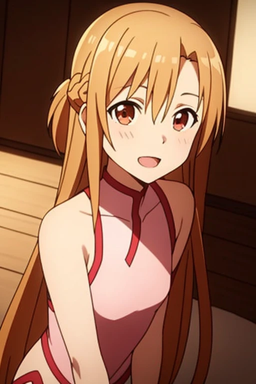 ((Best Quality)), ((masterpiece)), (be familiar with), Perfect Face, indoor, bedroom, Watching the audience,
One woman, Yuuki Asuna,
Open Mouth, Ecstatic expression, blush, smile,
Small breasts, Flat Chest, , , child, Girl,
Long Hair, Long Hair,
Leg spread,