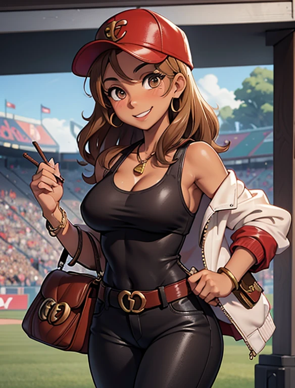 1girl, solo, wavy hair, hazel eyes, tan-bronze skin, a woman in her mid 40's, she’s a Latino woman, mascara is applied to her face. (Carrying a handbag:1.3). (Wearing: Red cap, Opened jacket, tank-top, Gucci branded belt and tight black leather pants). There is an amused smile on her face, she’s standing. Background: outdoors, baseball stadium