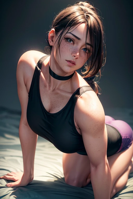 a woman in her late 30s, chubby physique, long straight dark brown hair, high ponytail, freckles, flushed cheeks, wearing a choker, large breasts, curvy figure, fitted sheet white tank top (braless), small purple lycra shorts, white pantyhose, (best quality,4k,8k,highres,masterpiece:1.2),ultra-detailed,(realistic,photorealistic,photo-realistic:1.37),detailed portrait, cinematic lighting, natural skin texture, intricate details, dramatic colors, moody atmosphere, on all fours, looking back at viewer