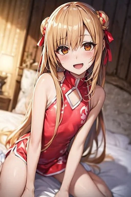 ((Best Quality)), ((masterpiece)), (be familiar with), Perfect Face, indoor, bedroom, Watching the audience,
One woman, Yuuki Asuna,
Open Mouth, Ecstatic expression, blush, smile,
Small breasts, Flat Chest, , , child, Girl,
Long Hair, Long Hair,
Leg spread,