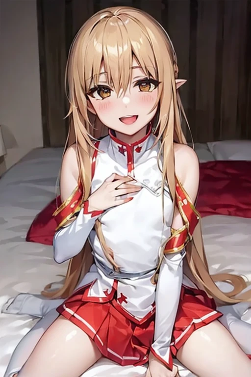 ((Best Quality)), ((masterpiece)), (be familiar with), Perfect Face, indoor, bedroom, Watching the audience,
One woman, Yuuki Asuna,
Open Mouth, Ecstatic expression, blush, smile,
Small breasts, Flat Chest, , , , Girl,
Long Hair, Long Hair,
Leg spread,