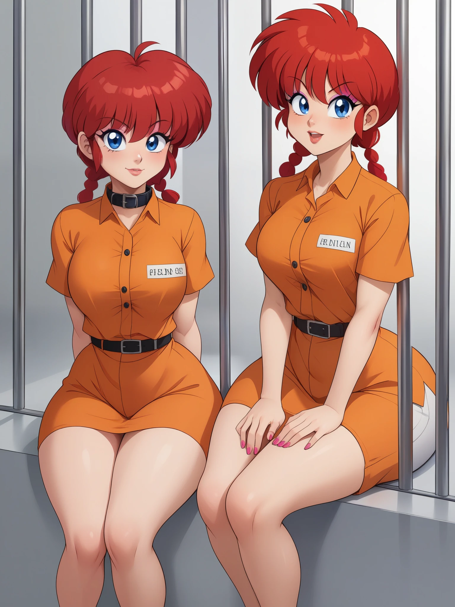 Ranma Saotome. red hair. Blue eyes. pigtail. small saggy breasts. huge hips. pink eyeliner. pink manicure. sitting. orange prison clothes. a prison cell. the collar
