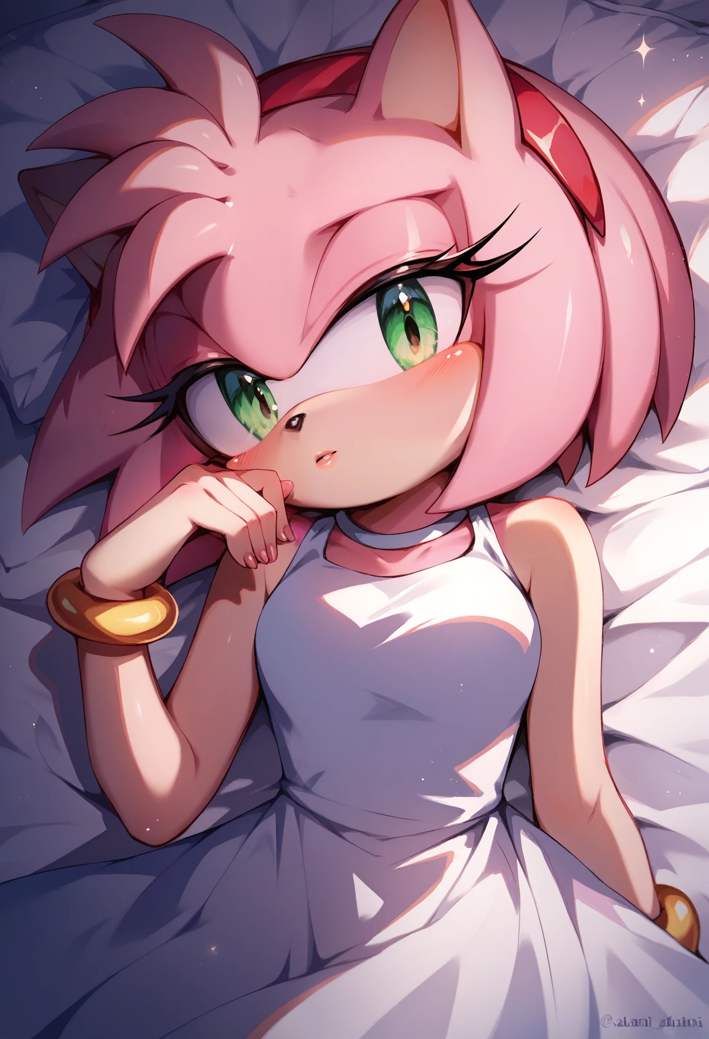 score_9, score_8_up, score_7_up, rating_safe, female, Amy rose, by Akami Mirai, solo, dress, pink skin, looking at viewer, bedroom, lying, blush, 