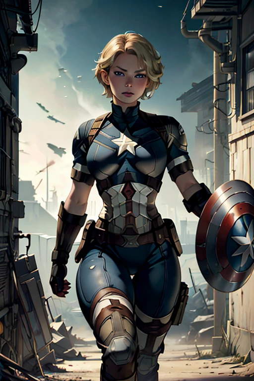 Jennifer Morrison,, blonde short hair,, ((battlefield))、Young Woman、(masterpiece, Highest quality), Complex and detailed, 8k,1 girl,(sheild on back)、((captain america suit)),world war, trenches,(Detailed RAW photos of girls),(Highest quality:1.6), (Ultra-high resolution:1.5), (Realistic:1.75), 8k、Very detailed,Cinema Lighting、(((perfect breasts:1.2)))、Spread your legs、((The abdomen is visible))、((Knee-high socks))、Browsing Caution:0.5、(((Ultra Sexy)))、((High leg cut))、Bite, navel