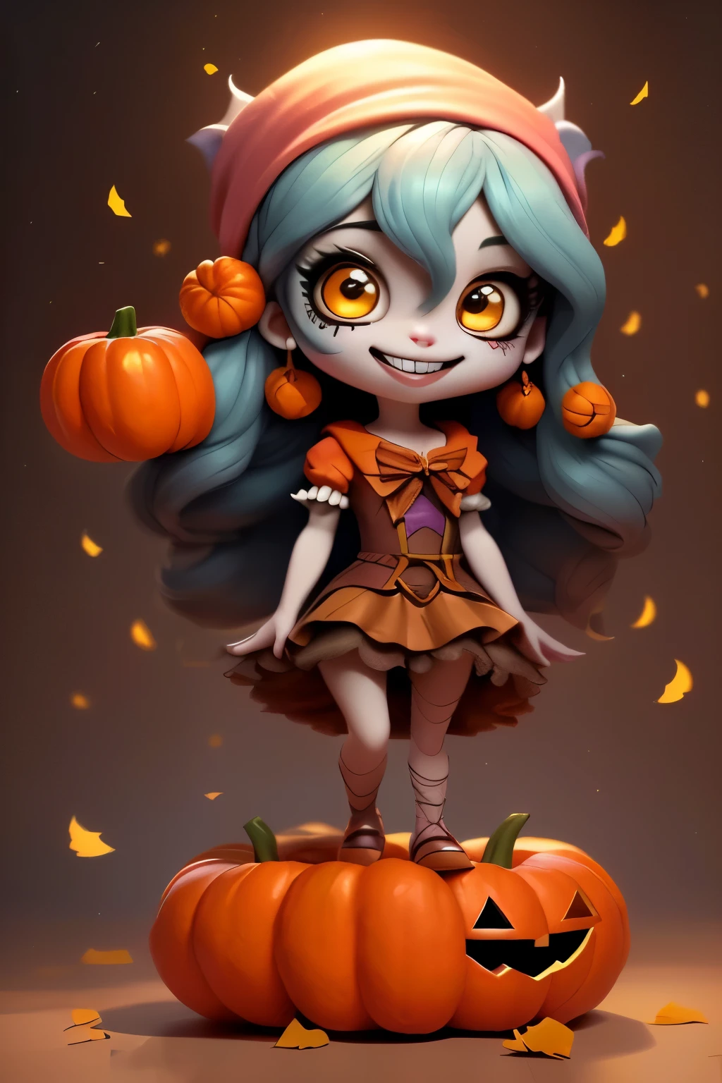 a cartoon girl with blue hair and a pink hat standing on a pumpkin, halloween art style, adorable digital painting, cute character, cute cartoon character, cute detailed digital art, cute digital art, advanced digital chibi art, Artstation, 🍂 cute, cute art style, the style of wlop, Artstation contest winner, rossdraws cartoon vibrant, in a halloween style