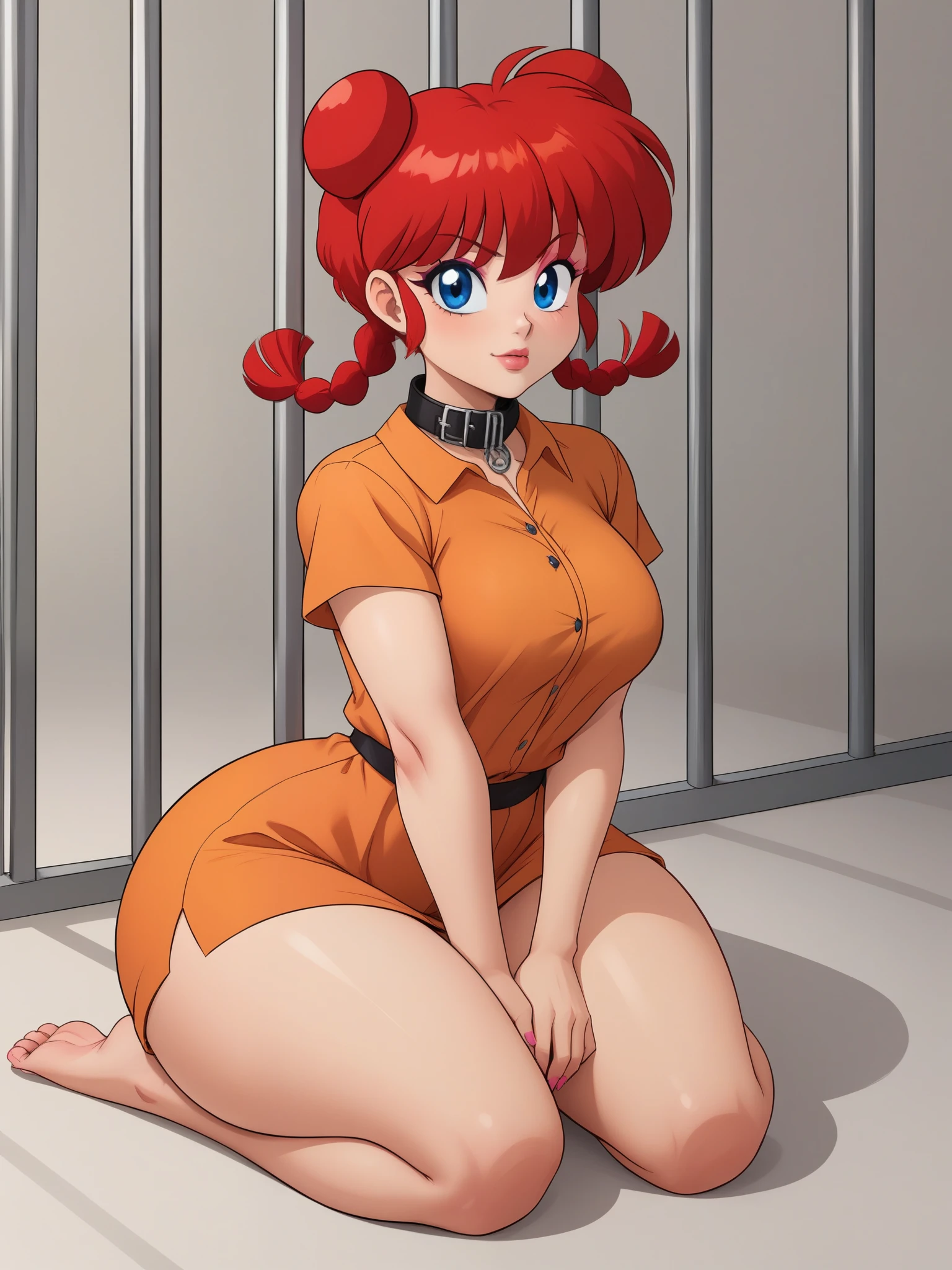 Ranma Saotome. red hair. Blue eyes. pigtail. small saggy breasts. huge hips. pink eyeliner. pink manicure. sitting. orange prison clothes. a prison cell. the collar
