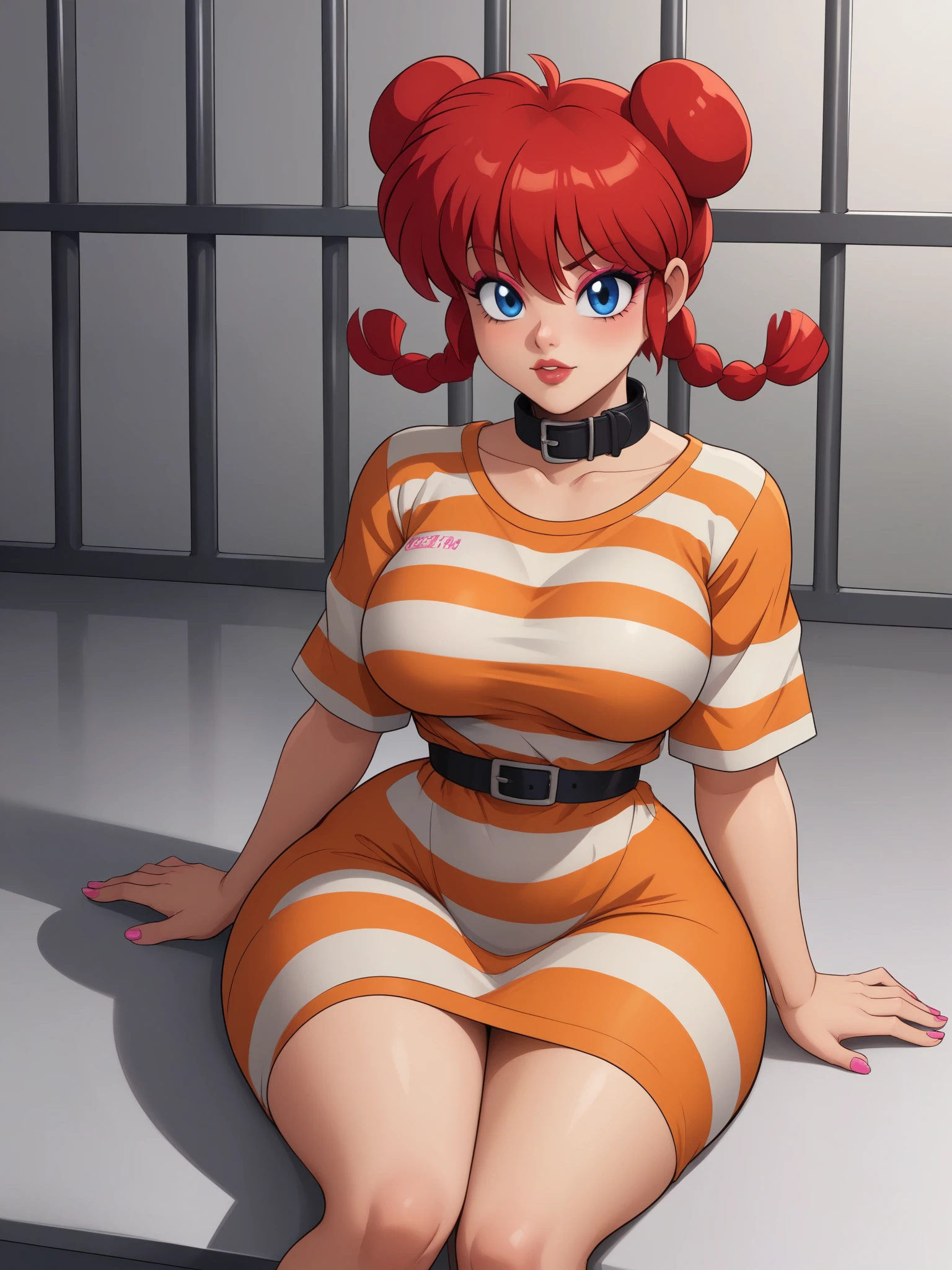 Ranma Saotome. red hair. Blue eyes. pigtail. small saggy breasts. huge hips. pink eyeliner. pink manicure. sitting. orange prison clothes. a prison cell. the collar
