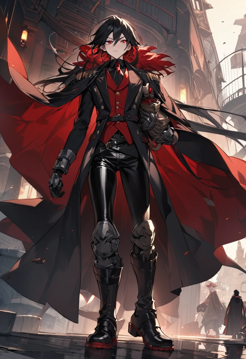 Appearance: Alucard is tall, slender, androgynous in appearance, with long black hair and intense red eyes. His captain's attire consists of a black cape, leather pants and boots, and metal gloves. He carries his zanpakutou in a holster strapped to his back, 8k high definition