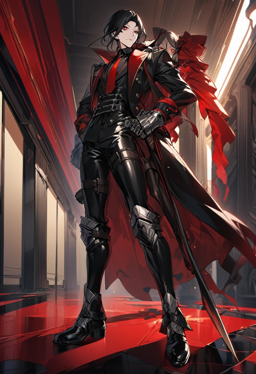 Appearance: Alucard is tall, slender, androgynous in appearance, with long black hair and intense red eyes. His captain's attire consists of a black cape, leather pants and boots, and metal gloves. He carries his zanpakutou in a holster strapped to his back, 8k high definition