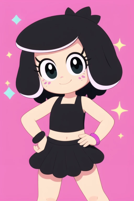 (masterpiece), 1girl, solo, hanazuki, black hair, highlights, pink nose, freckles, bracelet, black crop-top, black skirt, trimmings, pink background, heart, sparkles, bubbles, pastel colors, pastel bubbles, one hand on hip, joyful, happy, smile, cute smile,