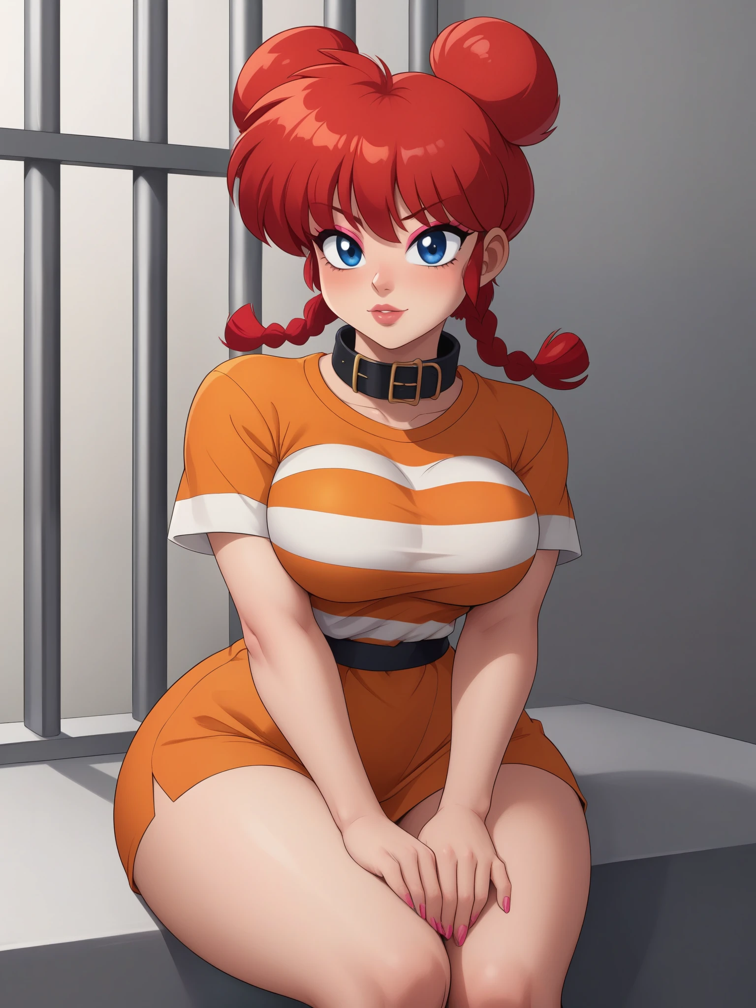 Ranma Saotome. red hair. Blue eyes. pigtail. small saggy breasts. huge hips. pink eyeliner. pink manicure. sitting. orange prison clothes. a prison cell. the collar
