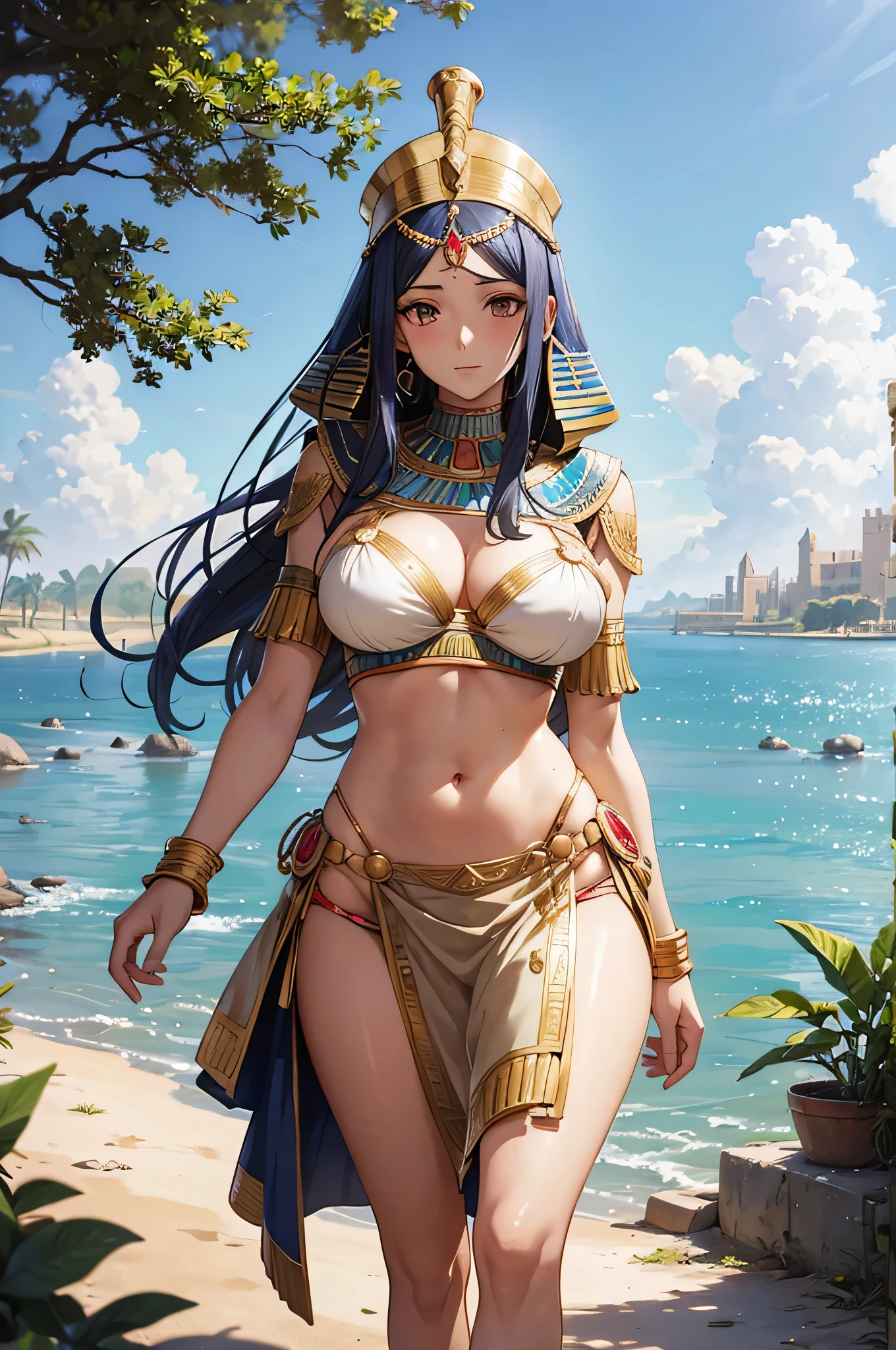 (best quality,4k,8k,highres,masterpiece:1.2),ultra-detailed,(realistic,photorealistic,photo-realistic:1.37),close-up shot of an extremely normal body,fantasy world,Egyptian temple,oasis in the desert,belly dancer from the Western Regions,humanoid creature,wearing exquisite and gorgeous jewelry,her skin is wheat-colored,wheat-colored complexion,blue eyes,messy brown hair,cleavage,white bikini dance costume,long legs,barefoot,tattoo