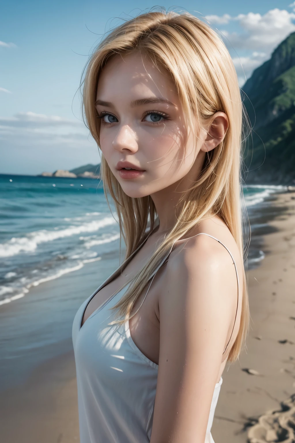 (Highest quality, masterpiece, Ultra-high resolution ,Realistic:1.3), Supermodel women ,sexy , Glowing Skin ,Detailed face, Detailed eyes, Glossy Lips , Lean physics, ((((Full Body Shot)))), Beautiful appearance, (((Highly detailed nudity))), Coastal, null, smile, (wonderful, Vibrant colors, summer:1.1)、((blonde))、(((G-cup breasts)))、(((Spread your legs)))