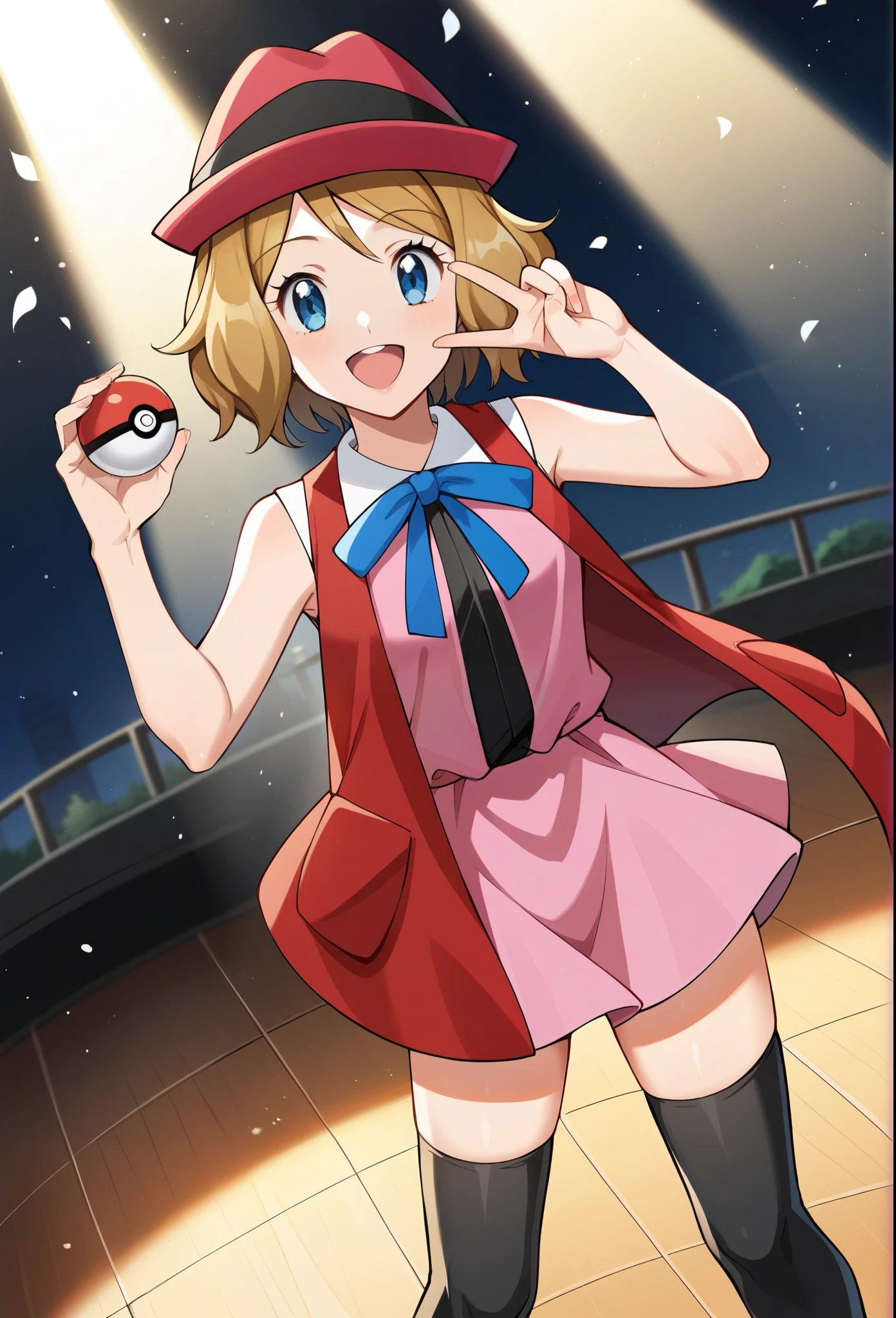 score_9, score_8_up, score_7_up, source_anime, rating_safe, BREAK serena \(pokemon\), 1girl, blue eyes, eyelashes, short hair, blonde hair, hat, neck ribbon, blue ribbon, pink shirt, sleeveless, bare arms, red jacket, pink skirt, black thighhighs, dutch angle, hand up, smile, happy, open mouth, holding poke ball, light particles, light rays, dutch angle, aura, backlighting, confetti, light particles, light rays, stage, stage lights, spot light