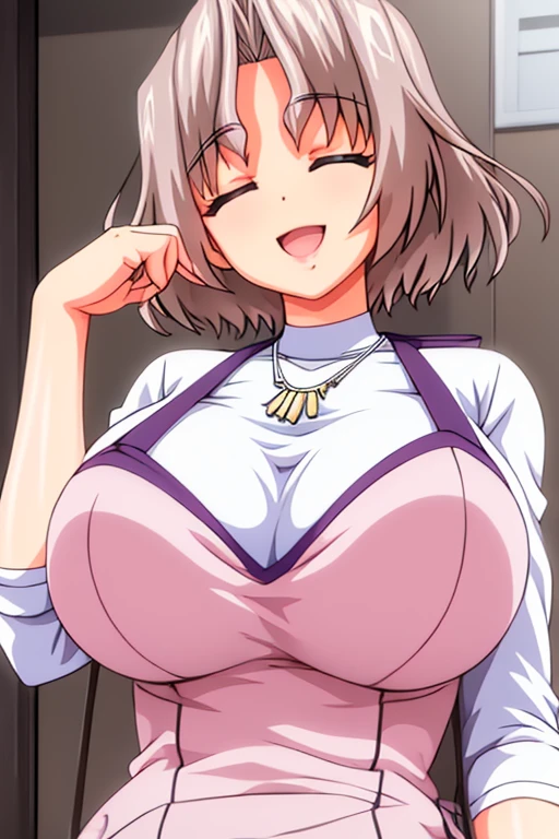 beautiful detailed eyes, beautiful and detailed lips, Extremely detailed eyes and face, body from knees up, long eyelashes, 1 girl, anime girl, adult woman, Beautiful woman, short hair, light brown hair, big breasts, eyes closed ,happy , smiling, open mouth, slim body, shiny skin, standing, White long sleeve t-shirt, PINK DRESS, necklace on the neck, Background of a restaurant (best quality, 4k, 8K, high resolution, masterpiece: 1.2) anime style, Style 2d, ultra detailed, bright colors, professional