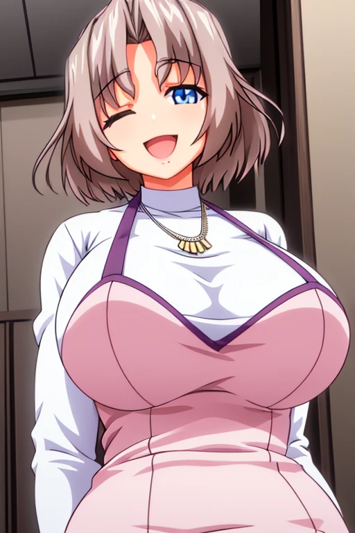 beautiful detailed eyes, beautiful and detailed lips, Extremely detailed eyes and face, body from knees up, long eyelashes, 1 girl, anime girl, adult woman, Beautiful woman, short hair, light brown hair, big breasts, eyes closed ,happy , smiling, open mouth, slim body, shiny skin, standing, White long sleeve t-shirt, PINK DRESS, necklace on the neck, Background of a restaurant (best quality, 4k, 8K, high resolution, masterpiece: 1.2) anime style, Style 2d, ultra detailed, bright colors, professional