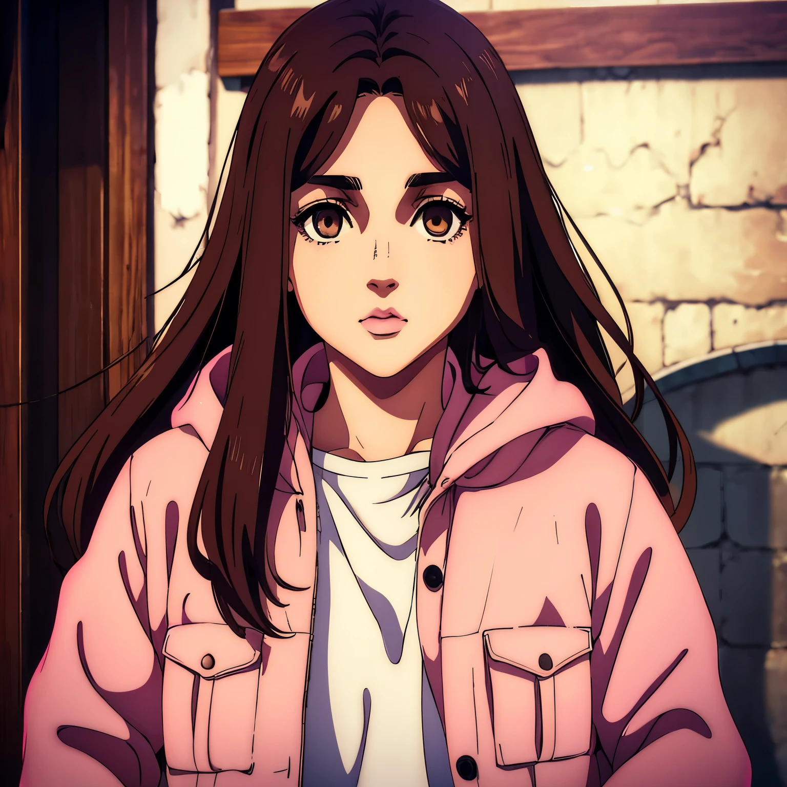 Girl, long straight brown hair, light brown eyes, white skin, pink lips, perfect, sweater, jacket.