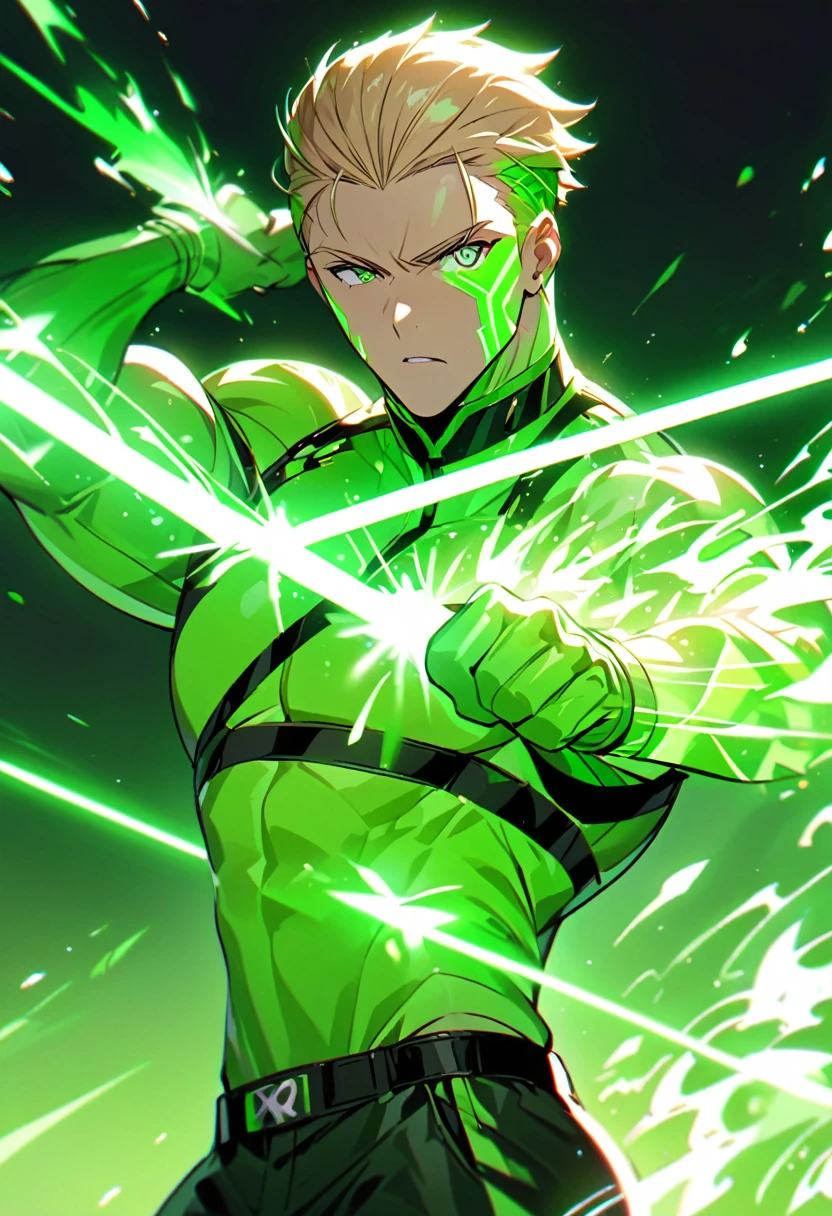 Appearance: Oliver Queen is a tall, muscular man with short blond hair. He wears a standard division captain's outfit, with the predominant color green. His outfit has a modern, sporty aesthetic, matching his bow-and-arrow fighting style, 8k high definition