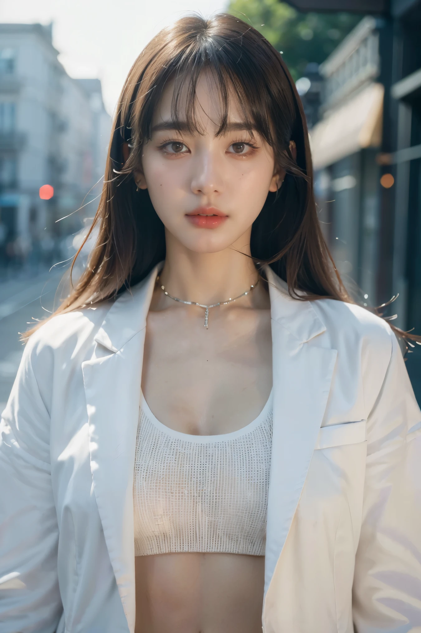 highest quality, detailed, beautiful, insanely detailed, Absurd,Perfect Anatomy,
Japanese women,Black Hair,27 years old,
(thin),
(Small breasts),
thought, Serious expression, (put it on your chin), Long Hair, office lady,(Cream skirt, Long sleeve, Cream jacket:1.1), Light Blue Blouse,(Cleavage:1.3),Earrings, At work, Wide Shot, From above