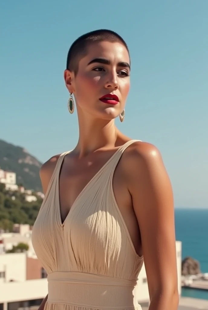 Pixiecut hair beautiful woman in a light color sun dress (looking at viewer) on the Amalfi coast