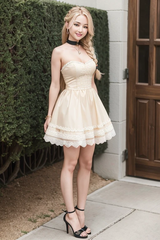(Cute innocent white 14 year old), girly, classy, long straight blonde hair, wearing a pink simple diadema, blue eyes, (wearing a short floral sundress), (pink tight thong), (round big breasts), posing on a porch, smiling, happy, sunny day, shadows,