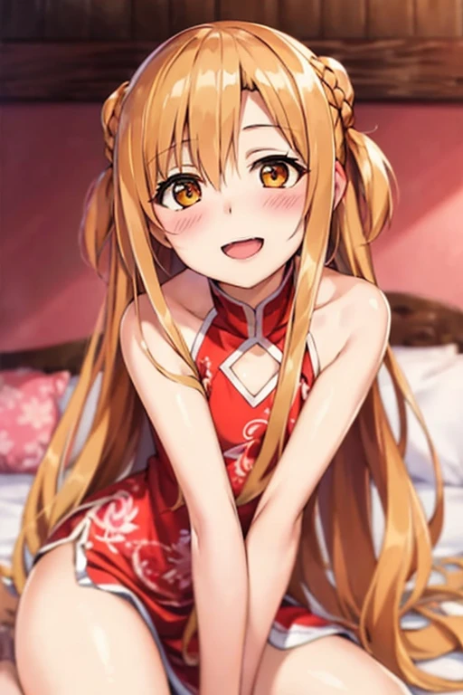 ((Best Quality)), ((masterpiece)), (be familiar with), Perfect Face, indoor, bedroom, Watching the audience,
One woman, Yuuki Asuna,
Open Mouth, Ecstatic expression, blush, smile,
Small breasts, Flat Chest, , , child, Girl,
Long Hair, Long Hair,
Leg spread,