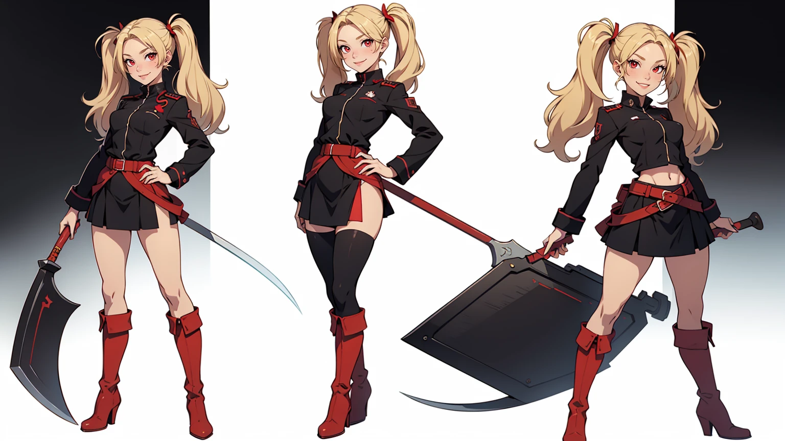 Very detailed, serious expression, small breast body view, blonde hair with twintails, red eyes, looking at viewer, black and red uniform, skirt, black boots, sexy pose, hog scythe.