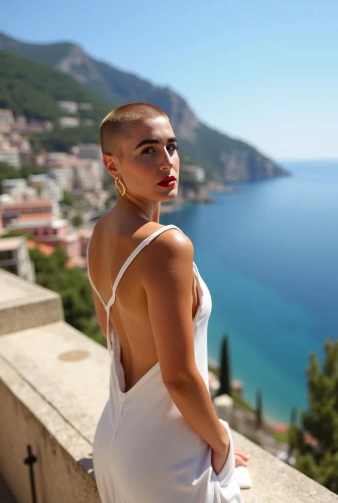 clean shaven bald, beautiful woman in a white sun dress, (looking at viewer) on the Amalfi coast