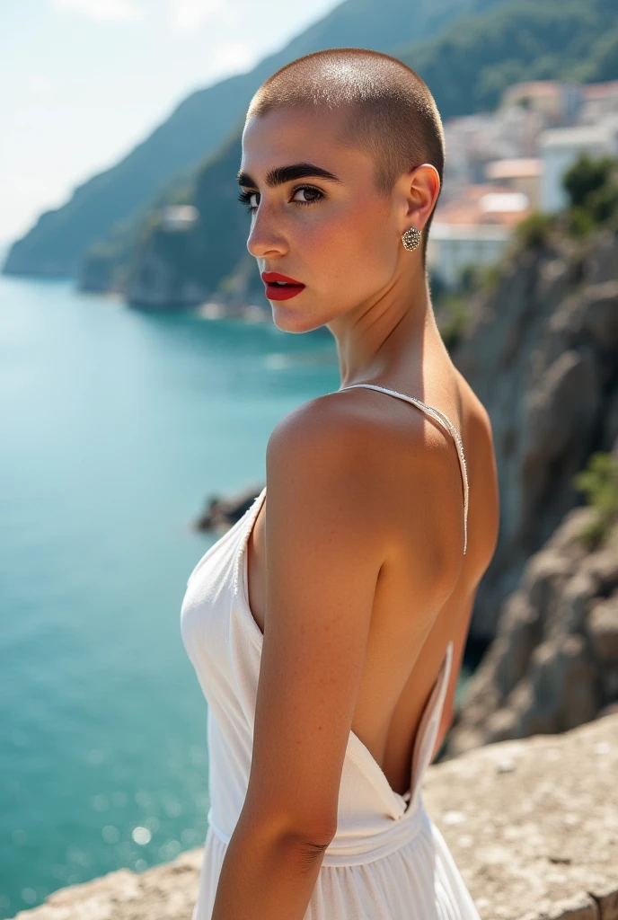 clean shaven bald, beautiful woman in a white sun dress, (looking at viewer) on the Amalfi coast