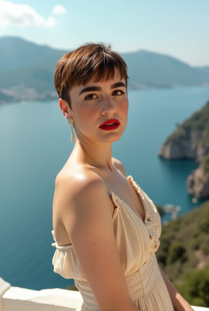 long bang undercut Pixiecut hair beautiful woman in a light color sun dress (looking at viewer) on the Amalfi coast