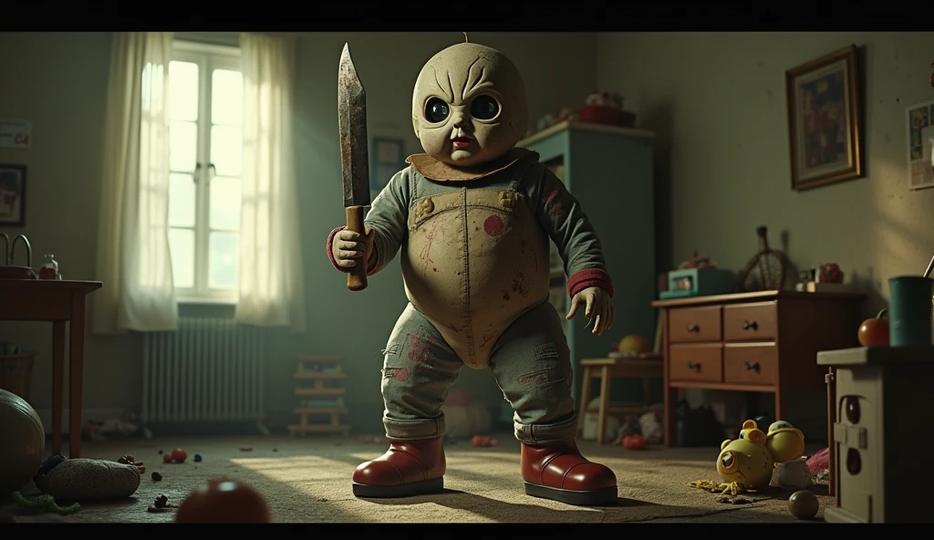 Top quality, masterpiece, town street background, person in the form of dirty and old white balloon doll, image from below, science fiction, detailed science, life science, detailed image texture, creepy, scary, creepy atmosphere (not AI image), cloudy weather, low color image, creepy, character filling the screen, light pastel colors, detailed skin expression, exquisite skin