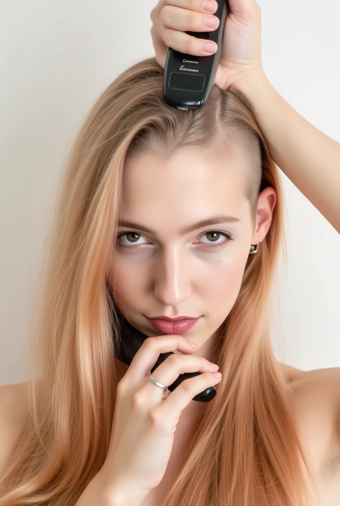 Make a pic of a long haired girl the top and side of her head is shaved bald, she is currently shaving her head smooth bald, she is wearing a bra, make the hands of girls shaving her head with trimmer the girls has partially no hair, the hair trimmer is being used to shave her head