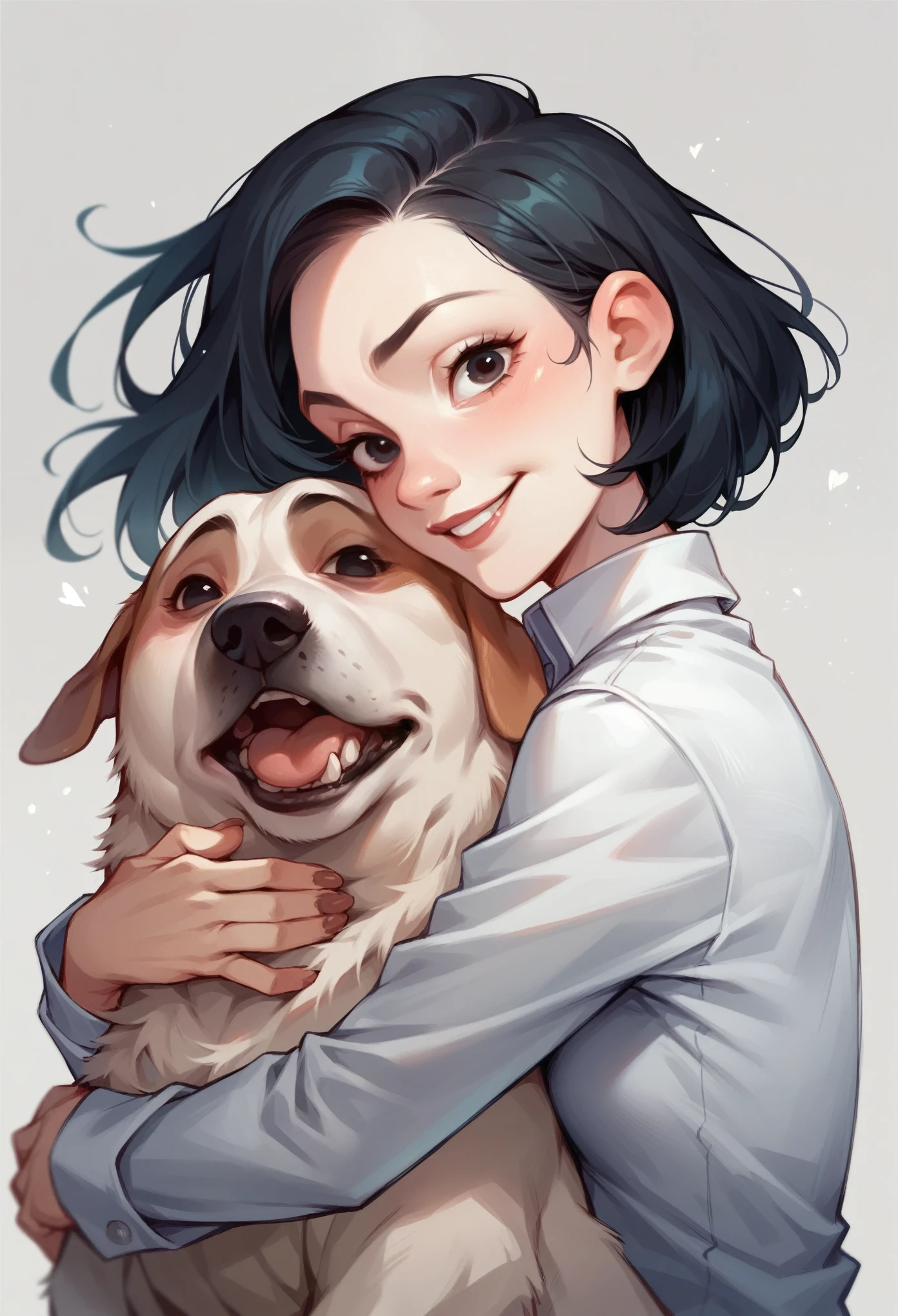 anime girl holding a dog in her arms, Detailed pubic hair，French Bulldog，warm。