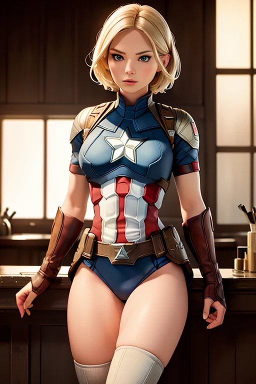 Jennifer Morrison,, bleach blonde short hair,, ((battlefield))、Young Woman、(masterpiece, Highest quality), Complex and detailed, 8k,1 girl,(sheild on back)、((captain america suit)),world war, trenches, open field, (Detailed RAW photos of girls),(Highest quality:1.6), (Ultra-high resolution:1.5), (Realistic:1.75), 8k、Very detailed,Cinema Lighting、(((perfect breasts:1.2)))、standing、((The abdomen is visible))、((Knee-high socks))、Browsing Caution:0.5、(((Ultra Sexy)))、((High leg cut))、Bite, navel, detailed abs 