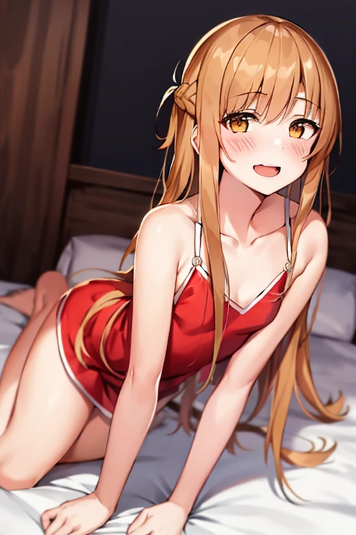 ((Best Quality)), ((masterpiece)), (be familiar with), Perfect Face, indoor, bedroom, Watching the audience,
One woman, Yuuki Asuna,
Open Mouth, Ecstatic expression, blush, smile,
Small breasts, Flat Chest, , , child, Girl,
Long Hair, Long Hair,
Leg spread,