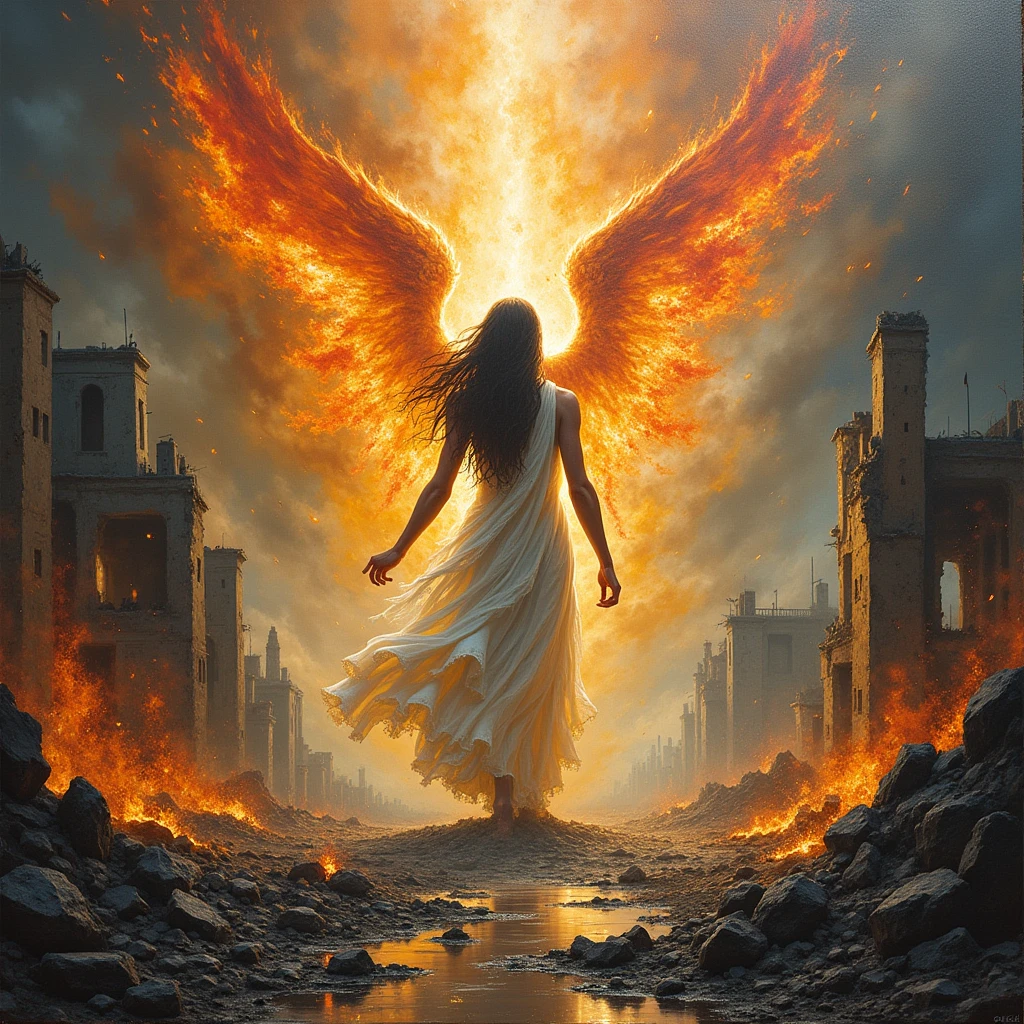 A magical realism painting of a fallen female angel kneeling nude with spectacular flaming wings amidst crumbling buildings and angel silhouettes, focused on her agonized expression and burning wings, with dramatic red and orange toned lighting, soft textures, selective focus on angel, contrapicado angle and hazy atmosphere as she is consumed by flames in a ruined apocalyptic city.