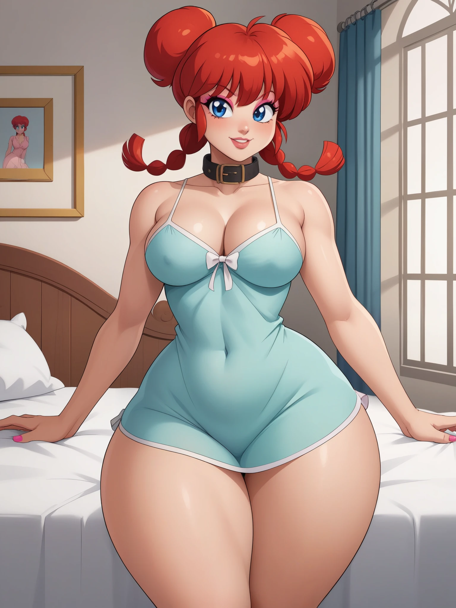 Ranma Saotome. red hair. Blue eyes. pigtail. small saggy breasts. huge hips. pink eyeliner. pink manicure. bed. orange prison nightie clothes. a prison cell. the collar
