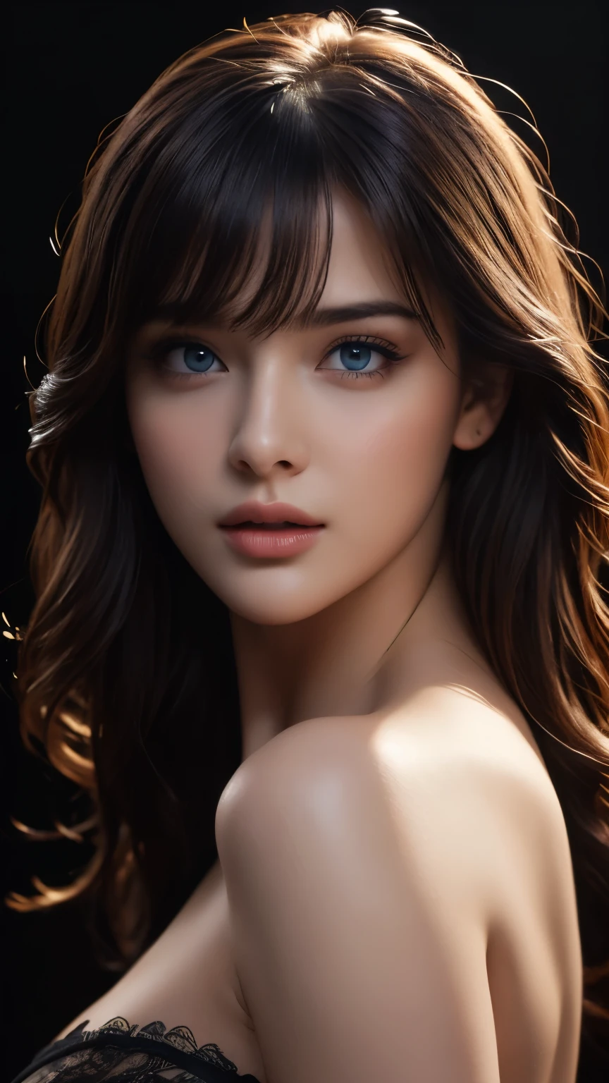 masterpiece, highest quality, Very detailed, To the camera, Very detailed, Realistic, Sharp features, Very detailed, Sharp focus, Perfect Face, Perfect Face, Perfect symmetry and perfect eyes, Perfect Plump Lips, Flexible female form, cinematic, Film Light, Very detailed, hyper Realistic, masterpiece, Atmospheric, High resolution, Vibrant, Dynamic Studio Lighting, ((Dark Background)), The expression when enduring pleasure, Straight bangs, blue eyes, Sexually aroused expressions