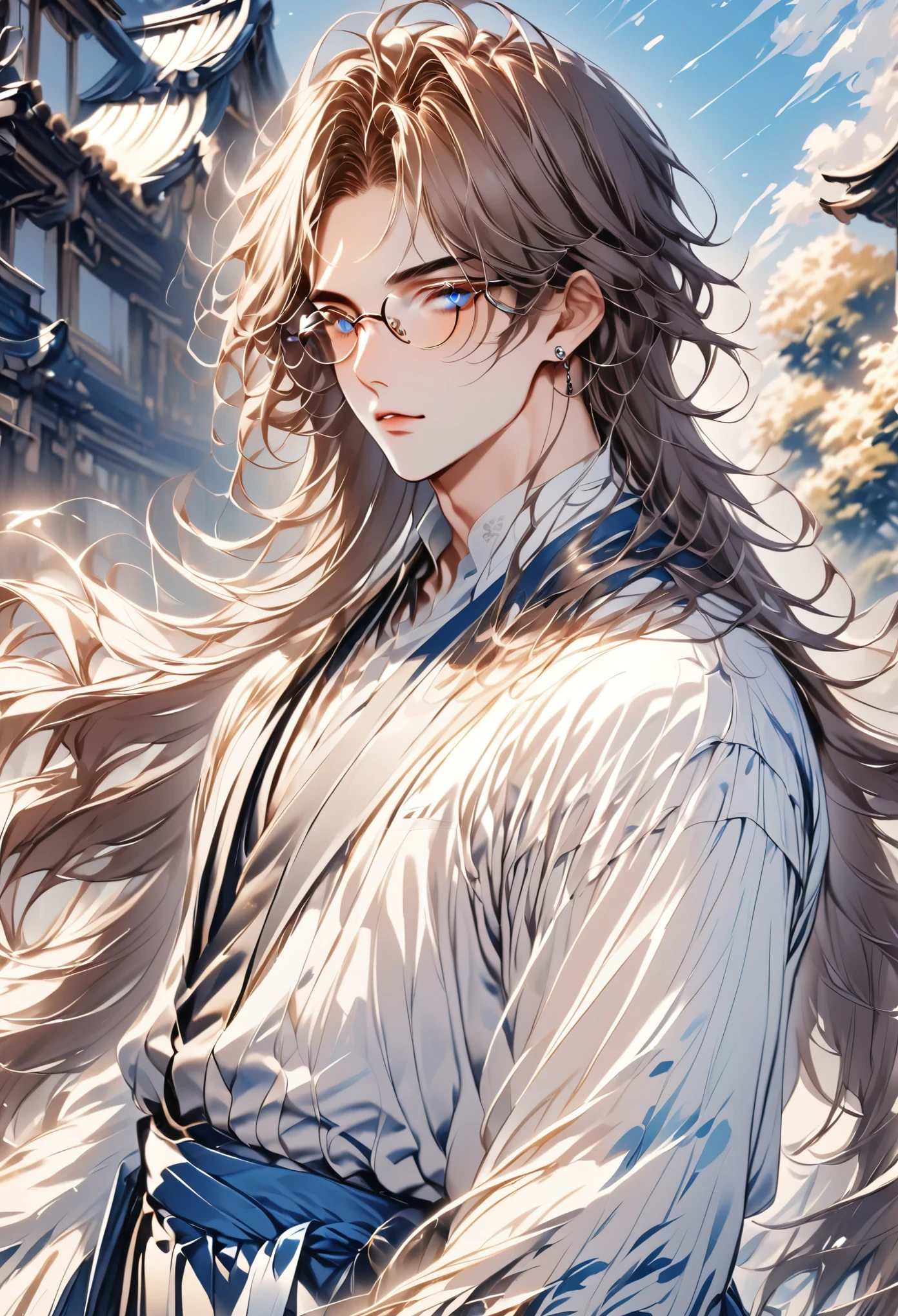 A handsome strong young man with brown hair in the sunlight shining in the background, he has blue eyes and beautiful clothes of a student, He is a handsome and intelligent alpha who wears glasses.