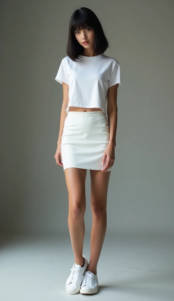 White tight shirt、White tight mini skirt、a bed、a smile、shortsleeves、high-level image quality