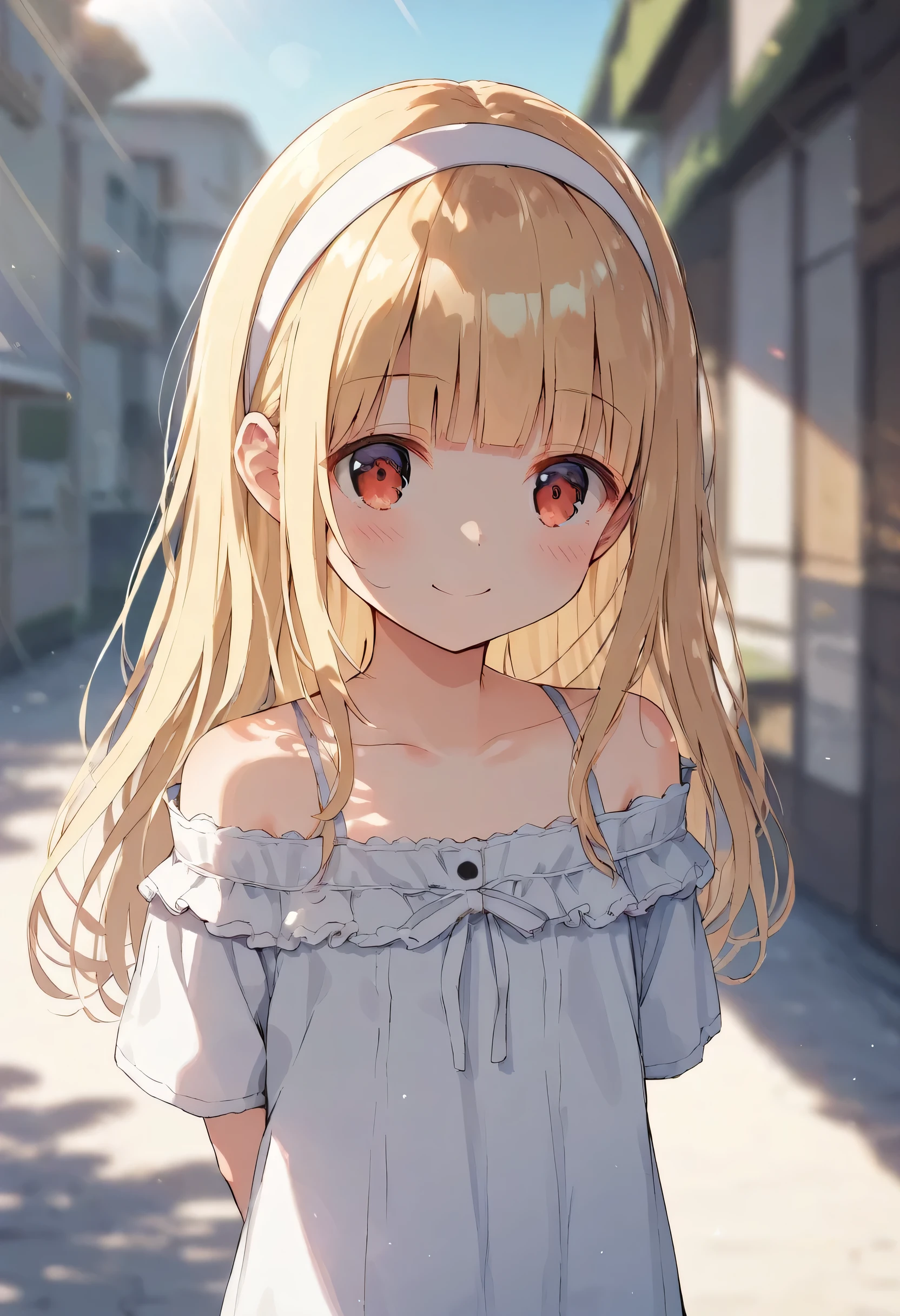 [WAI-ANI-NSFW-PONYXL:100],
score_9, score_8_up, score_7_up, score_6_up, score_5_up, score_4_up, masterpiece, best quality, source_anime, 
solo,cute 1girl,(child1.5),blonde hair,straight long hair,blunt bangs,white ribbon hairband,red eyes,blush,smile,white off shoulder shirt,ミニスカ、pastel hues,walking in the seaside path,blurred edges,nostalgic mood,(dappled sunlight:1.2),blurry,(depth of field:1.1),arms behind back,Mediterranean Buildings,blue sky
