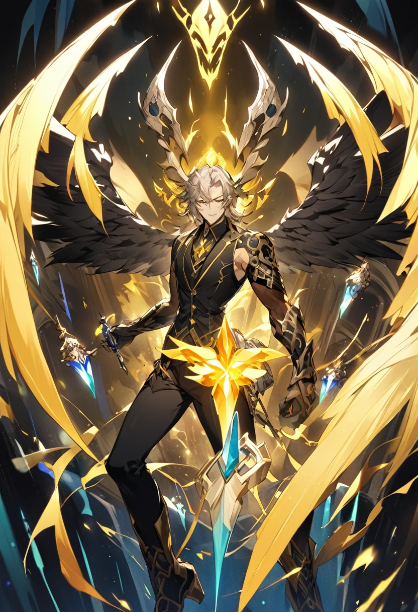 Appearance: In his Arrankar form, Ban retains his general appearance, but with some notable differences. His skin becomes paler and his eyes take on a bright yellow hue. He wears a dark outfit consisting of a sleeveless vest and tight pants. His wings and swords are black in color, and his wings can extend or contract at will. He also carries with him a small crystal container that contains some of the essence of his resurrection, 8k high definition