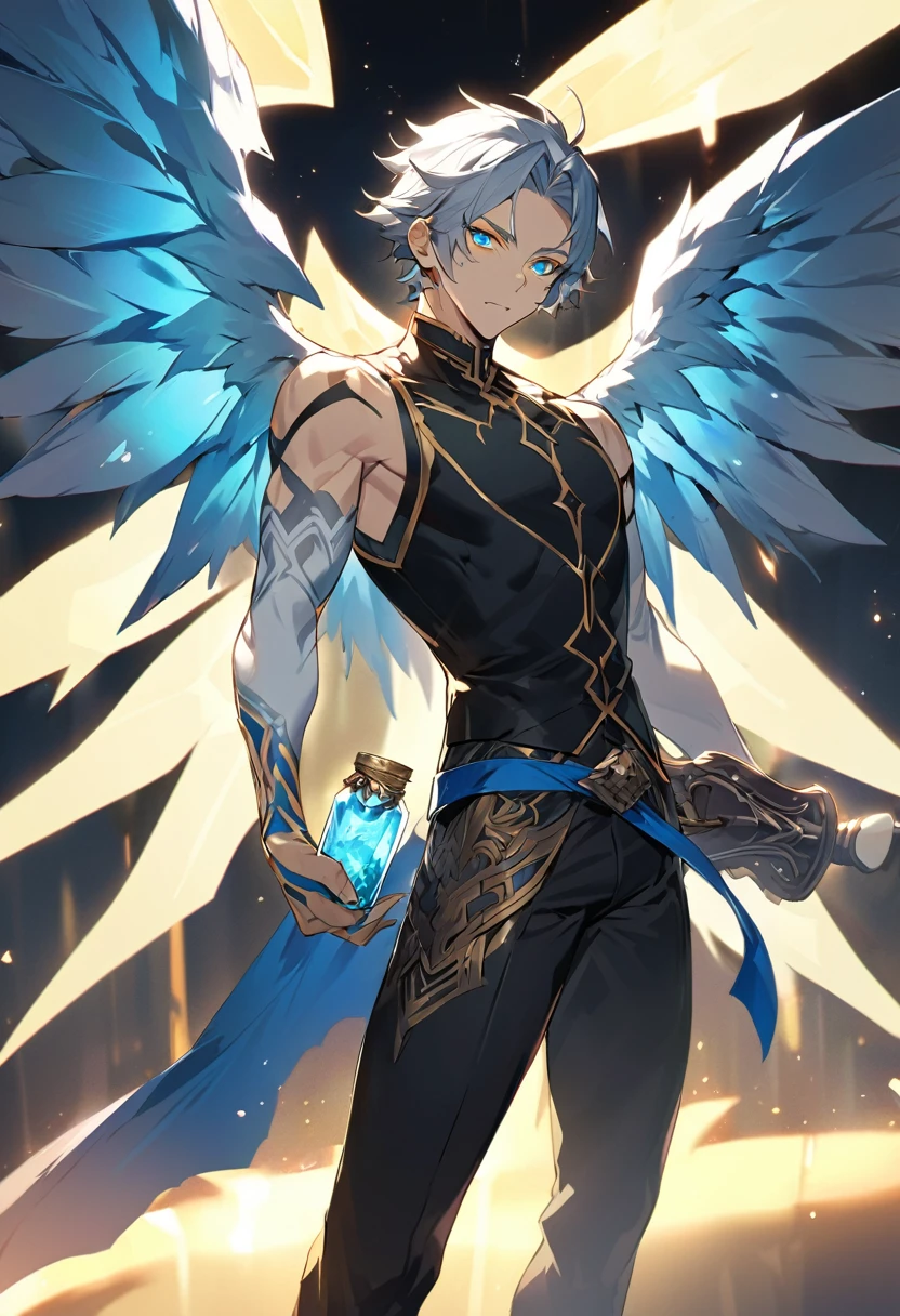 Appearance: In his Arrankar form, Ban retains his general appearance, but with some notable differences. His skin becomes paler and his eyes take on a bright yellow hue. He wears a dark outfit consisting of a sleeveless vest and tight pants. His wings and swords are black in color, and his wings can extend or contract at will. He also carries with him a small crystal container that contains some of the essence of his resurrection, 8k high definition