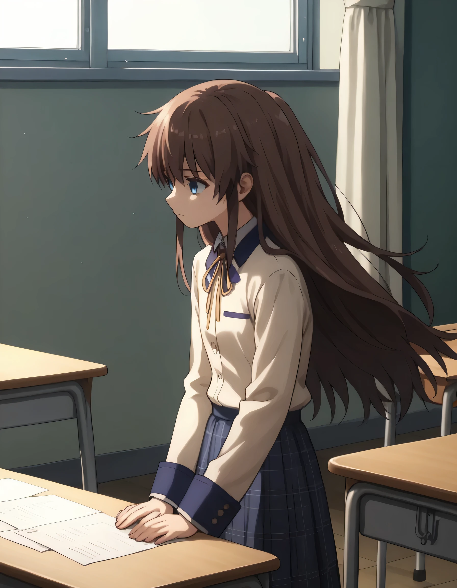 Ai shindou, 1girl, solo, long hair, floating hair, blue skirt, blue uniform, brown hair, long sleeves, blue sea eyes, staring to the side, with gloomy air, tired expression, plaid skirt, ribbon, cowboy Shot, limp body on her desk School Desk in the room, masterpiece, high quality, very_high_resolution, large_filesize, full color,
