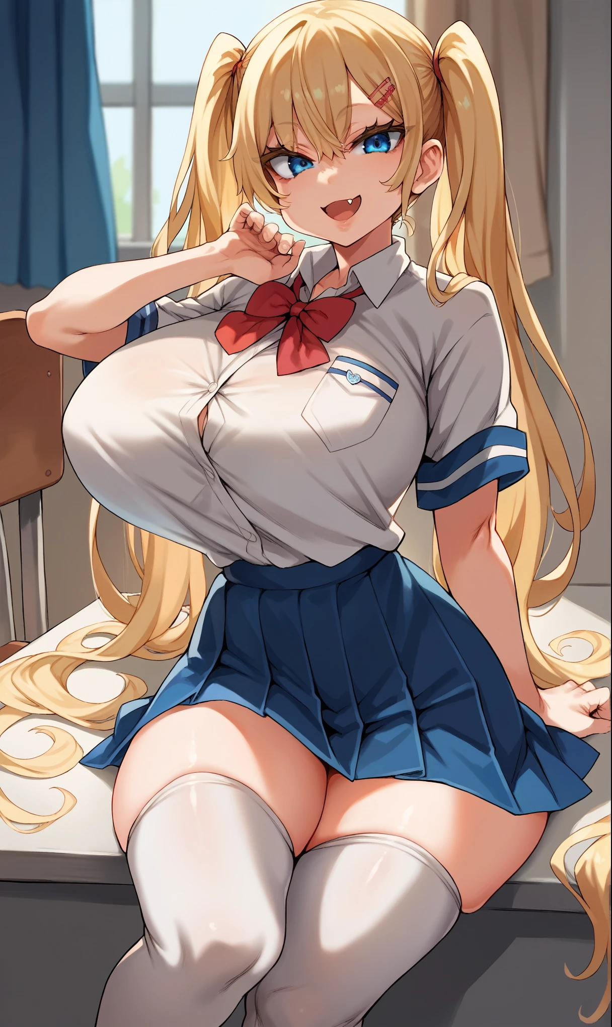 blonde hair, blue eyes, medium breasts, half twintail , navel, nipples, pov, pussy,  uncensored,{{{shaded face}}}, troubled face,naughty smile, open mouth, looking down at viewer, masterpiece,absurderes, beautiful detailed face,cheerleading uniform, pleats skirt,low angle shot, from below,indoor, bed room