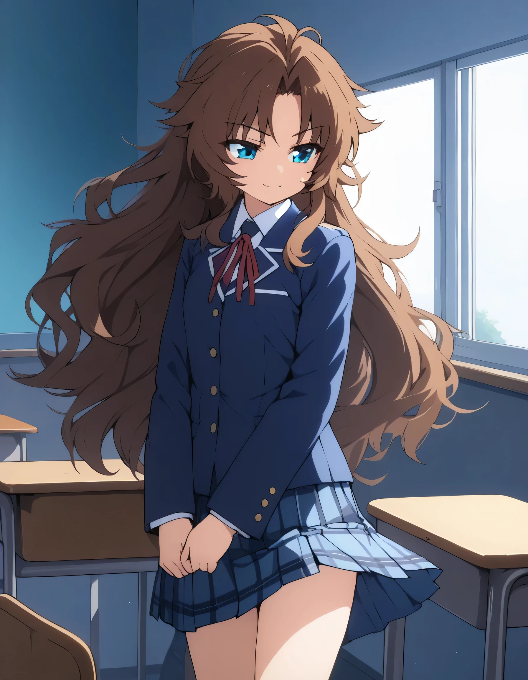 Ai shindou, 1girl, solo, long hair, floating hair, blue skirt, blue uniform, brown hair, long sleeves, blue sea eyes, staring to the side, with smile, tired expression, plaid skirt, ribbon, cowboy Shot, limp body on her desk School Desk in the room, masterpiece, high quality, very_high_resolution, large_filesize, full color,