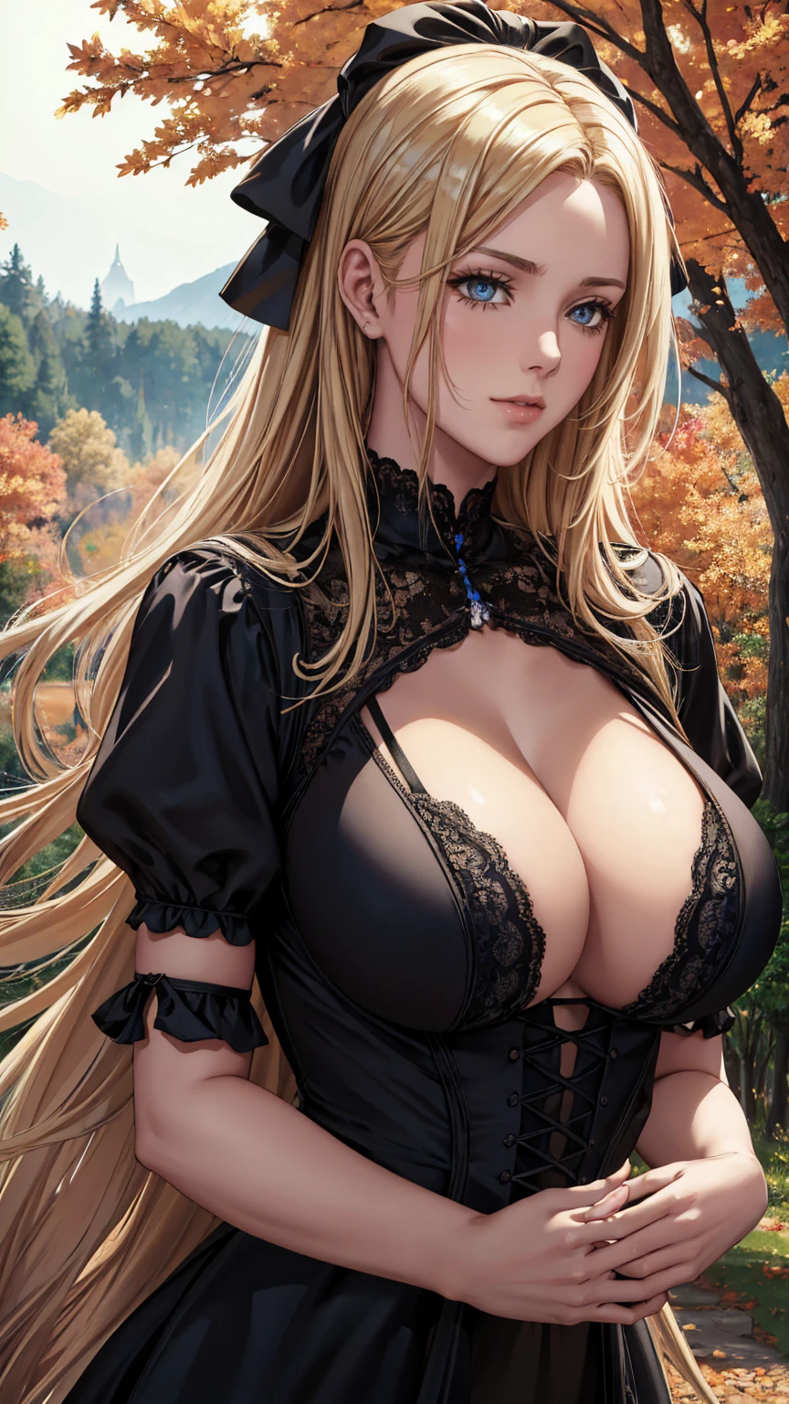 blue eyes, (highest quality, masterpiece painting:1.3), immature woman, , (half body shot), masterpiece, ultra high resolution, (Photoreal:1.0), gold hair, straight hair, beautiful shining hair, white and shining skin, ((Ultra realistic details)), octane rendering, highly detailed face, (big breasts:0.8), She wears stunning costumes inspired by Belle Époque style, flowing black dress decorated with lace and ribbons, (clothing: black belle époque dress with lace and ribbons),cleavage, perfect body, soft skin, anime face, perfect face, perfect eyes, looking at the viewer, smart, Under autumn leaves tree background, Autumn leaf petals are falling, outdoors,shrine, sharp focus, intricate details, professional artwork, (bright colors:1.1), bright colors, diffused lighting, digital blending, ultra-definition body, ultra detail hair, super detailed face, that&#39;It&#39;s trending on pixiv, top button open, Cute gaze, compensate, perfect lips, perfect compensate, Ultra-precision coating,  (light_smile:0.8), (Very embarrassed:1.2), blush your nose,