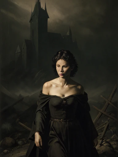 Open shot, Best quality, masterpiece, Oil painting (oil brush stroke) texture, ultra high res, (photorealistic:1.5), raw photo, 1girl, gothic green dress, offshoulder, in the dark, deep shadow, low key, cold light , sexy look, short hair, dramatic lighting, cinematic shadows, dark fantasy aesthetic, dream atmosphere, frank frazetta artstyle, rotting, fog-filled labyrinth, fantastic dark fantasy background, dramatic colors,