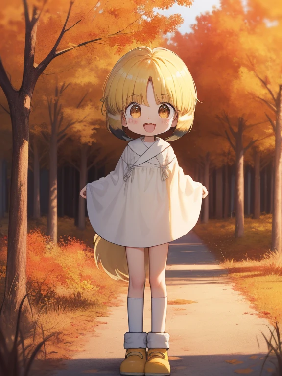 nyannyan, 1girl, solo, blonde hair,  open mouth, brown eyes, short hair, multicolored hair, blush, child, masterpiece, best quality, very aesthetic, absurdres, 1girl, smile, looking at viewer, open mouth, blush, eyebrows visible through hair, :d, standing by self, embarrassed, white legwear, smile, looking at viewer, standing by self, (flat chest, l body, HDR, uhd, front shot, public park, Desert, Lotus, Pokémon, White Wolf, Colorful Gradient, Clay Animation, Goldfish, Band, Autumn